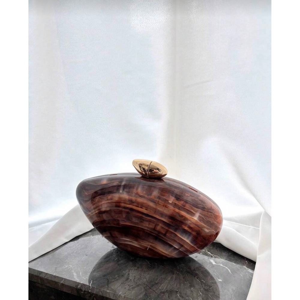 Marbled Tortoise Shell Pebble Clutch Bag Brown Acrylic Evening Bag Gold Chain